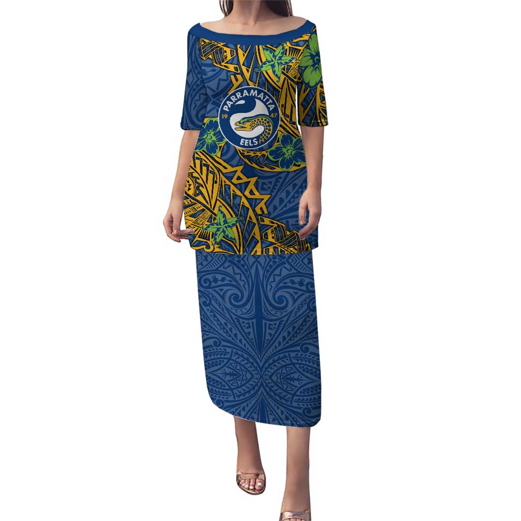 Personalised Parramatta Eels Puletasi Polynesian Tribal Pattern With Rugby Eel Mascot Art