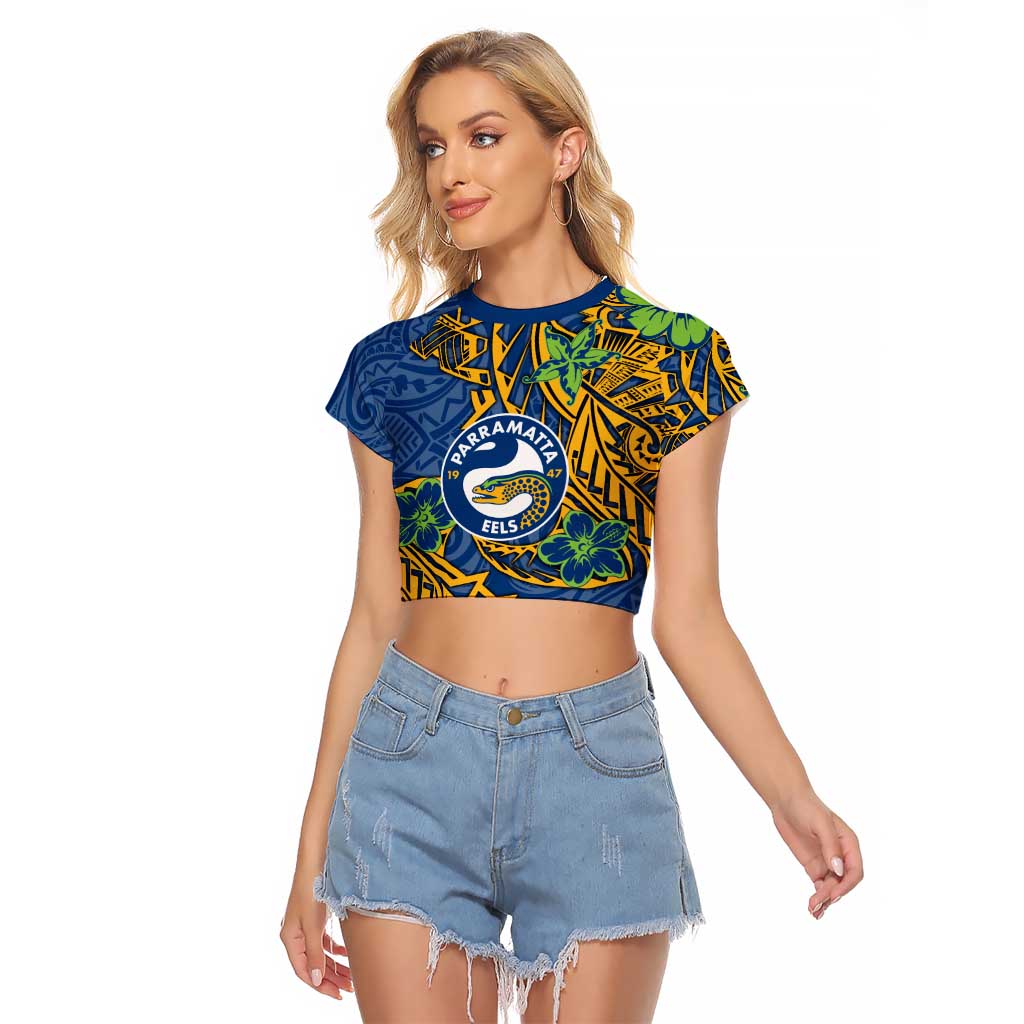 Personalised Parramatta Eels Raglan Cropped T Shirt Polynesian Tribal Pattern With Rugby Eel Mascot Art