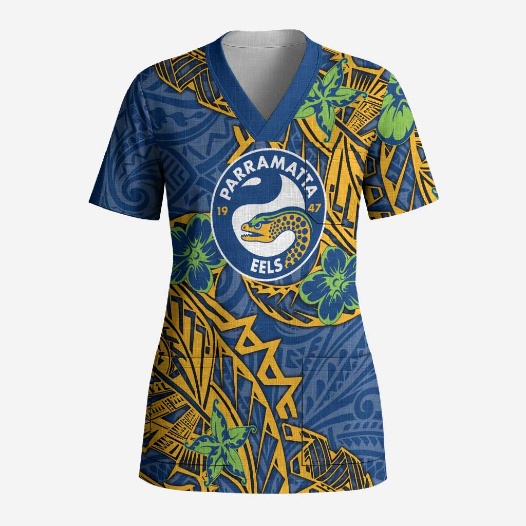 Personalised Parramatta Eels Scrub Top Polynesian Tribal Pattern With Rugby Eel Mascot Art
