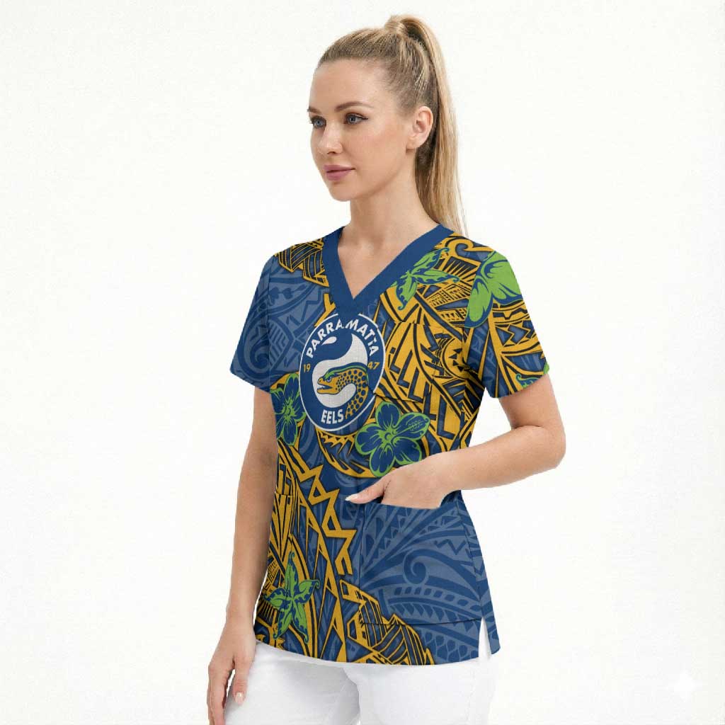 Personalised Parramatta Eels Scrub Top Polynesian Tribal Pattern With Rugby Eel Mascot Art