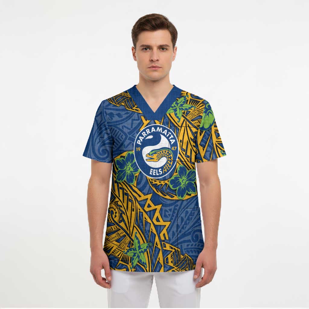 Personalised Parramatta Eels Scrub Top Polynesian Tribal Pattern With Rugby Eel Mascot Art