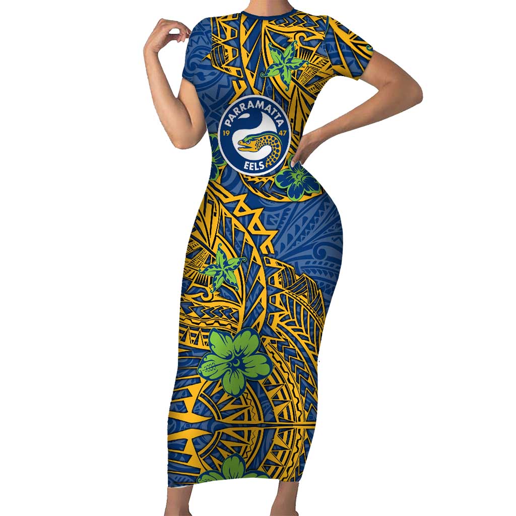 Personalised Parramatta Eels Short Sleeve Bodycon Dress Polynesian Tribal Pattern With Rugby Eel Mascot Art