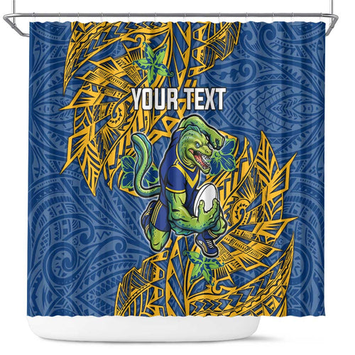 Personalised Parramatta Eels Shower Curtain Polynesian Tribal Pattern With Rugby Eel Mascot Art