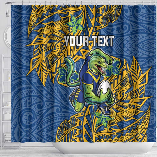 Personalised Parramatta Eels Shower Curtain Polynesian Tribal Pattern With Rugby Eel Mascot Art