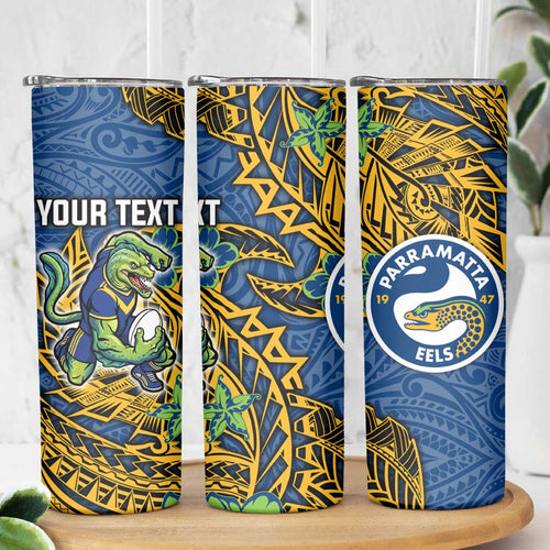 Personalised Parramatta Eels Skinny Tumbler Polynesian Tribal Pattern With Rugby Eel Mascot Art