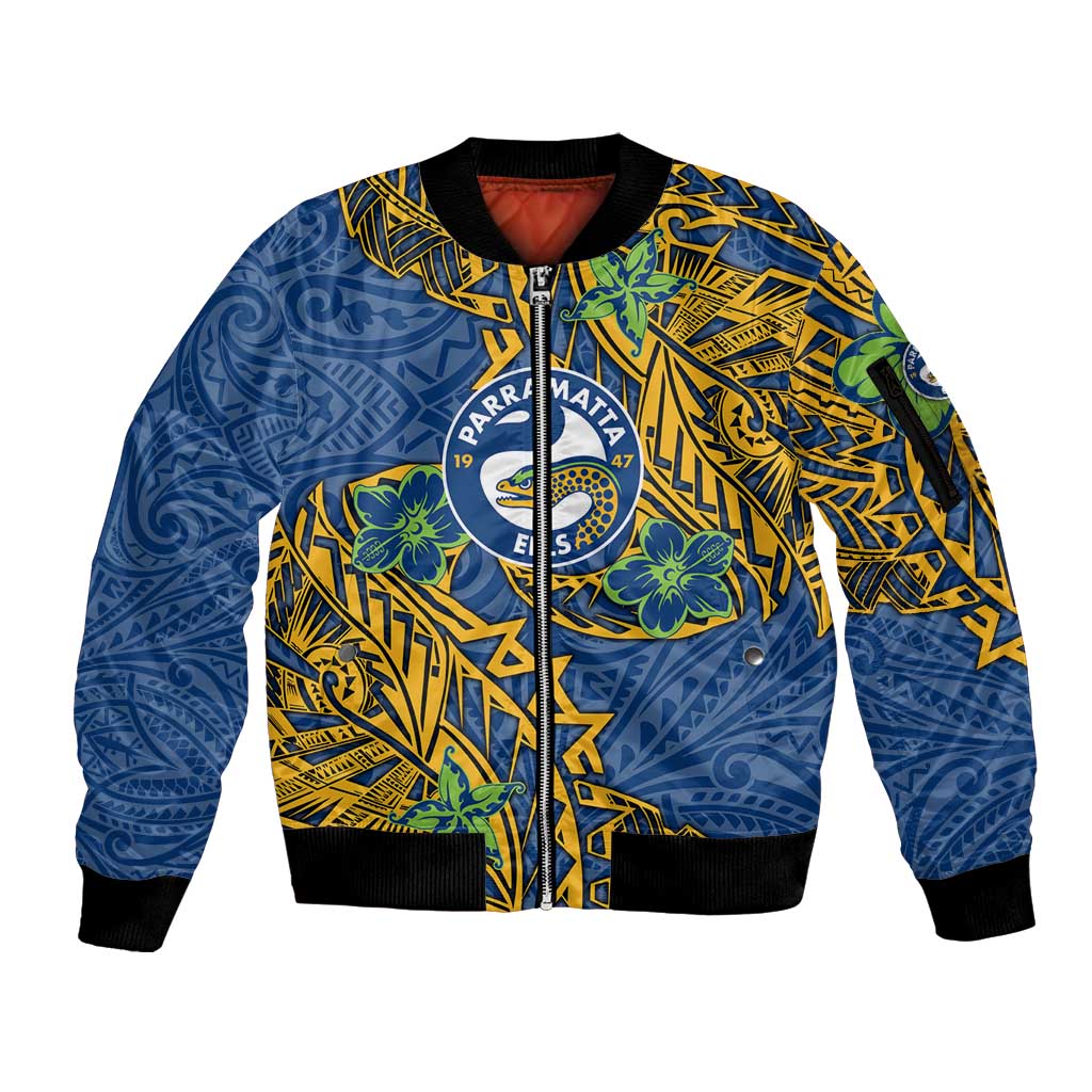 Personalised Parramatta Eels Sleeve Zip Bomber Jacket Polynesian Tribal Pattern With Rugby Eel Mascot Art