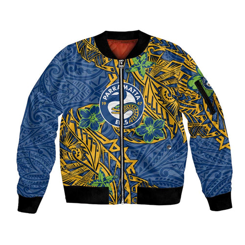 Personalised Parramatta Eels Sleeve Zip Bomber Jacket Polynesian Tribal Pattern With Rugby Eel Mascot Art