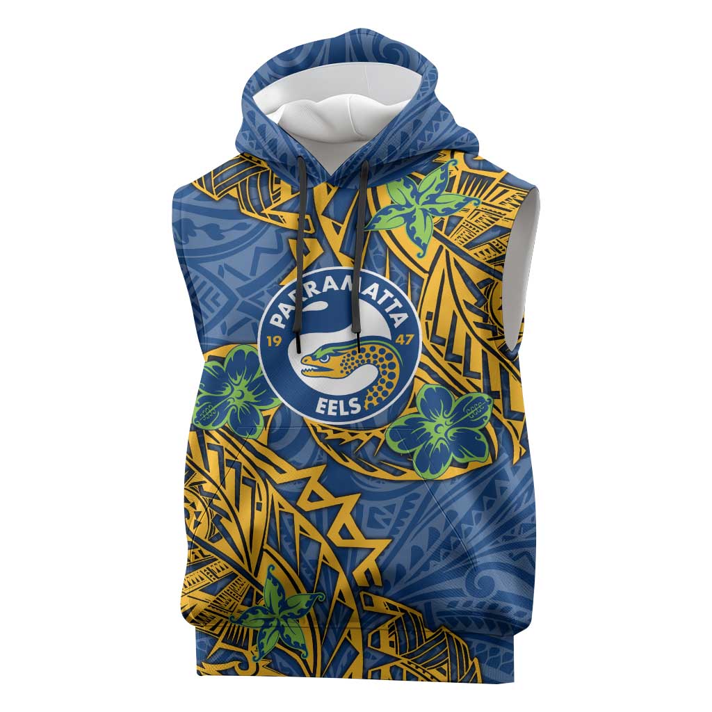 Personalised Parramatta Eels Sleeveless Hoodie Polynesian Tribal Pattern With Rugby Eel Mascot Art