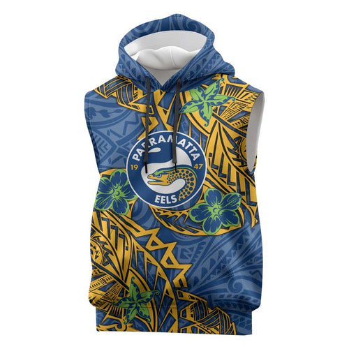 Personalised Parramatta Eels Sleeveless Hoodie Polynesian Tribal Pattern With Rugby Eel Mascot Art