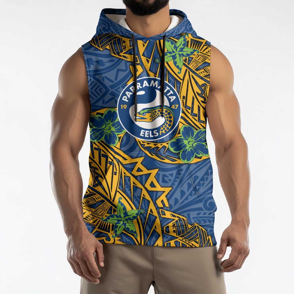 Personalised Parramatta Eels Sleeveless Hoodie Polynesian Tribal Pattern With Rugby Eel Mascot Art