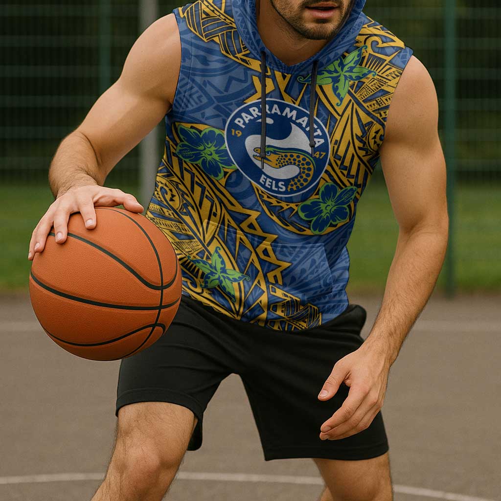 Personalised Parramatta Eels Sleeveless Hoodie Polynesian Tribal Pattern With Rugby Eel Mascot Art