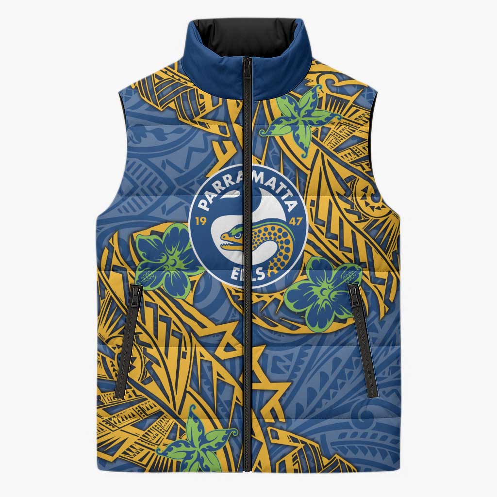 Personalised Parramatta Eels Sleeveless Puffer Jacket Polynesian Tribal Pattern With Rugby Eel Mascot Art