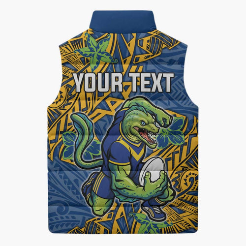 Personalised Parramatta Eels Sleeveless Puffer Jacket Polynesian Tribal Pattern With Rugby Eel Mascot Art