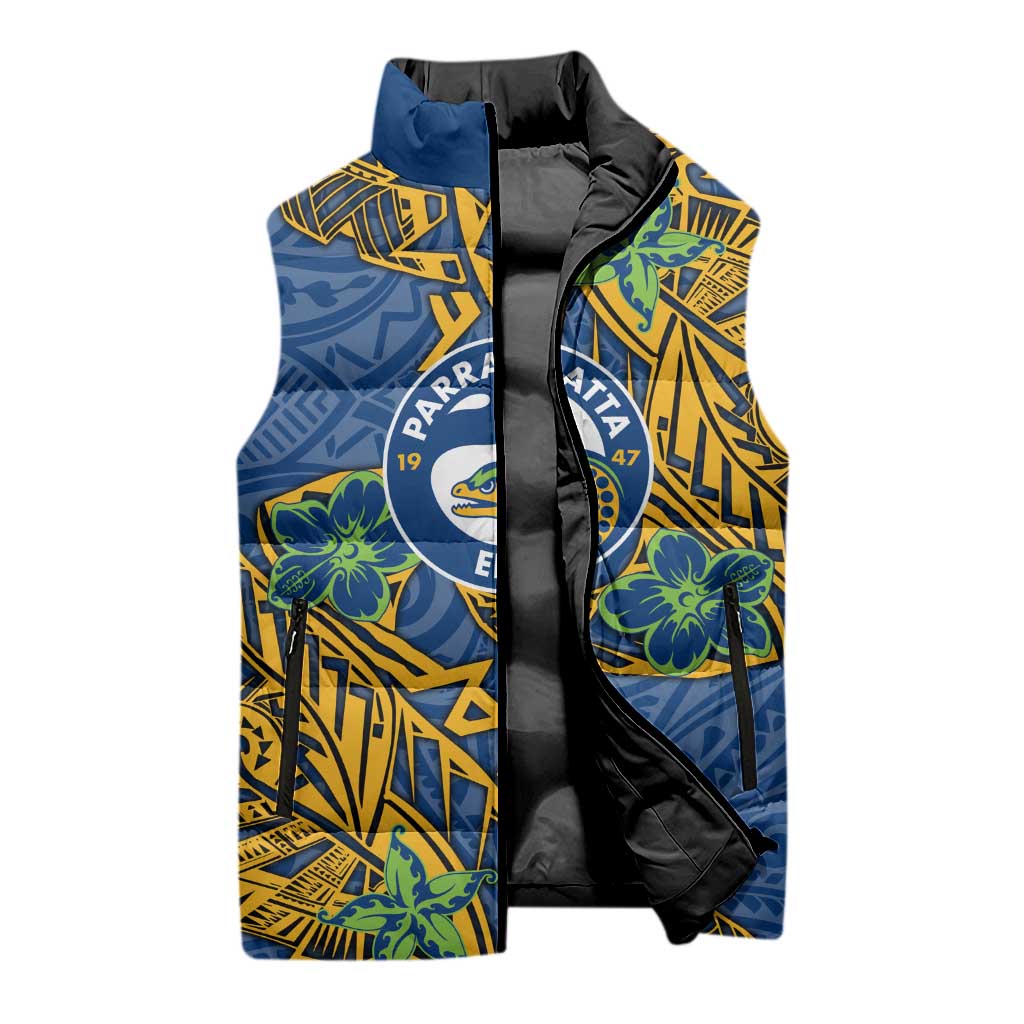 Personalised Parramatta Eels Sleeveless Puffer Jacket Polynesian Tribal Pattern With Rugby Eel Mascot Art