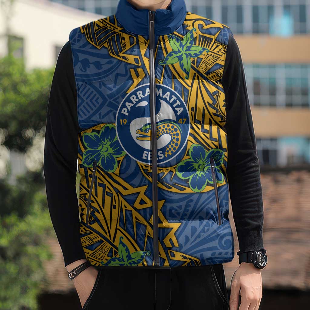 Personalised Parramatta Eels Sleeveless Puffer Jacket Polynesian Tribal Pattern With Rugby Eel Mascot Art