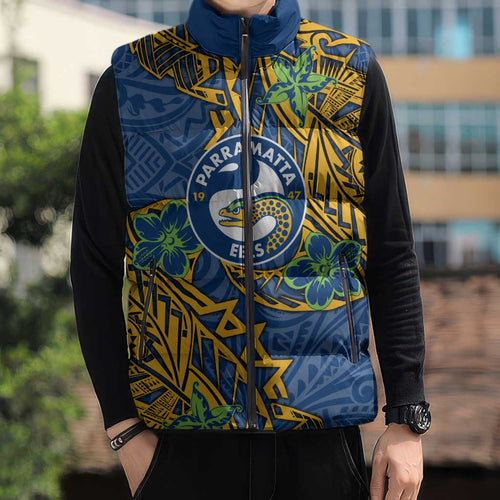 Personalised Parramatta Eels Sleeveless Puffer Jacket Polynesian Tribal Pattern With Rugby Eel Mascot Art