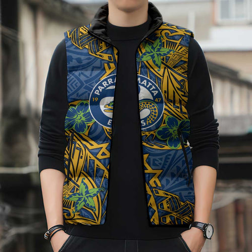 Personalised Parramatta Eels Sleeveless Puffer Jacket Polynesian Tribal Pattern With Rugby Eel Mascot Art