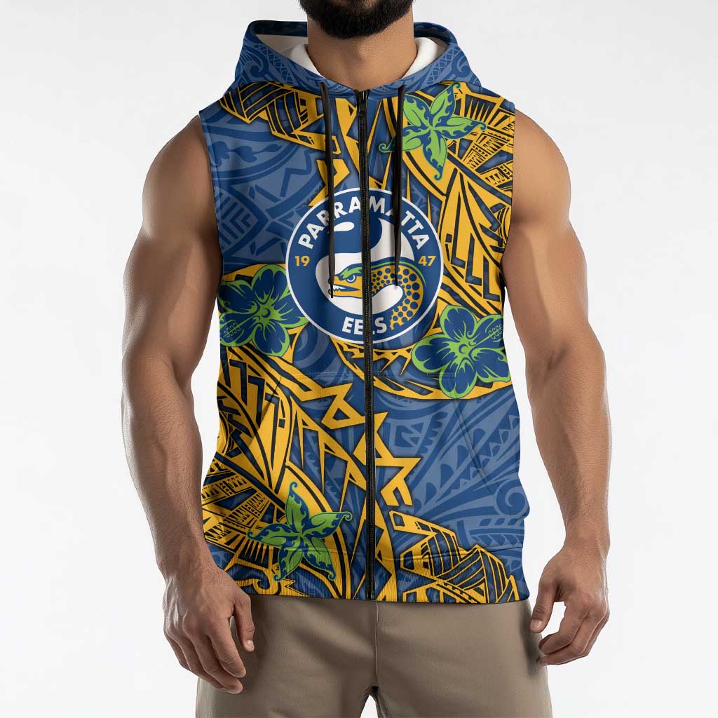 Personalised Parramatta Eels Sleeveless Zip Hoodie Polynesian Tribal Pattern With Rugby Eel Mascot Art