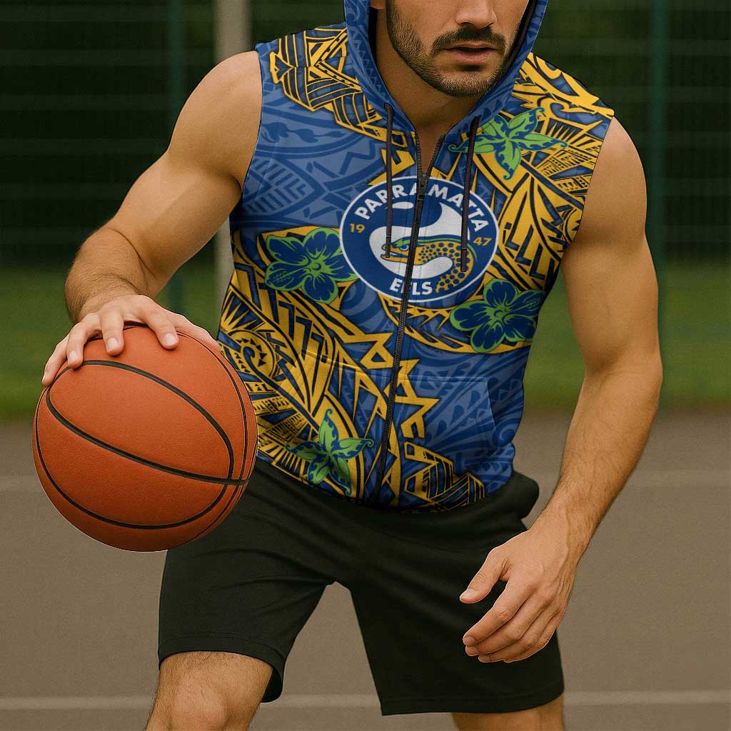 Personalised Parramatta Eels Sleeveless Zip Hoodie Polynesian Tribal Pattern With Rugby Eel Mascot Art