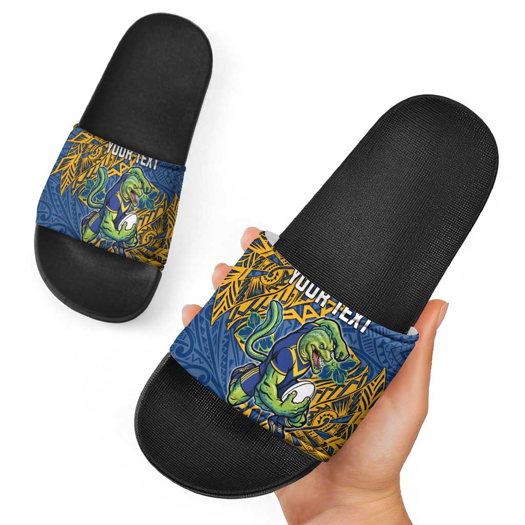 Personalised Parramatta Eels Slide Sandals Polynesian Tribal Pattern With Rugby Eel Mascot Art