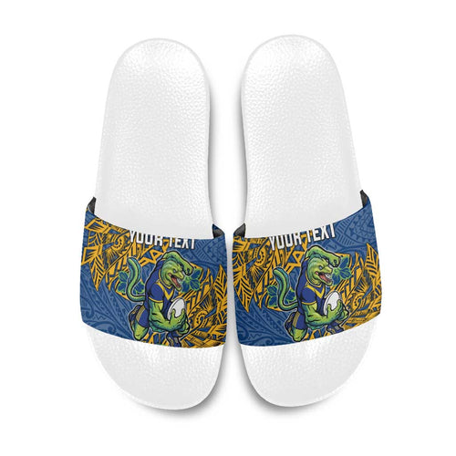 Personalised Parramatta Eels Slide Sandals Polynesian Tribal Pattern With Rugby Eel Mascot Art