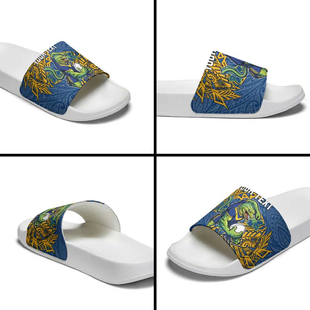 Personalised Parramatta Eels Slide Sandals Polynesian Tribal Pattern With Rugby Eel Mascot Art