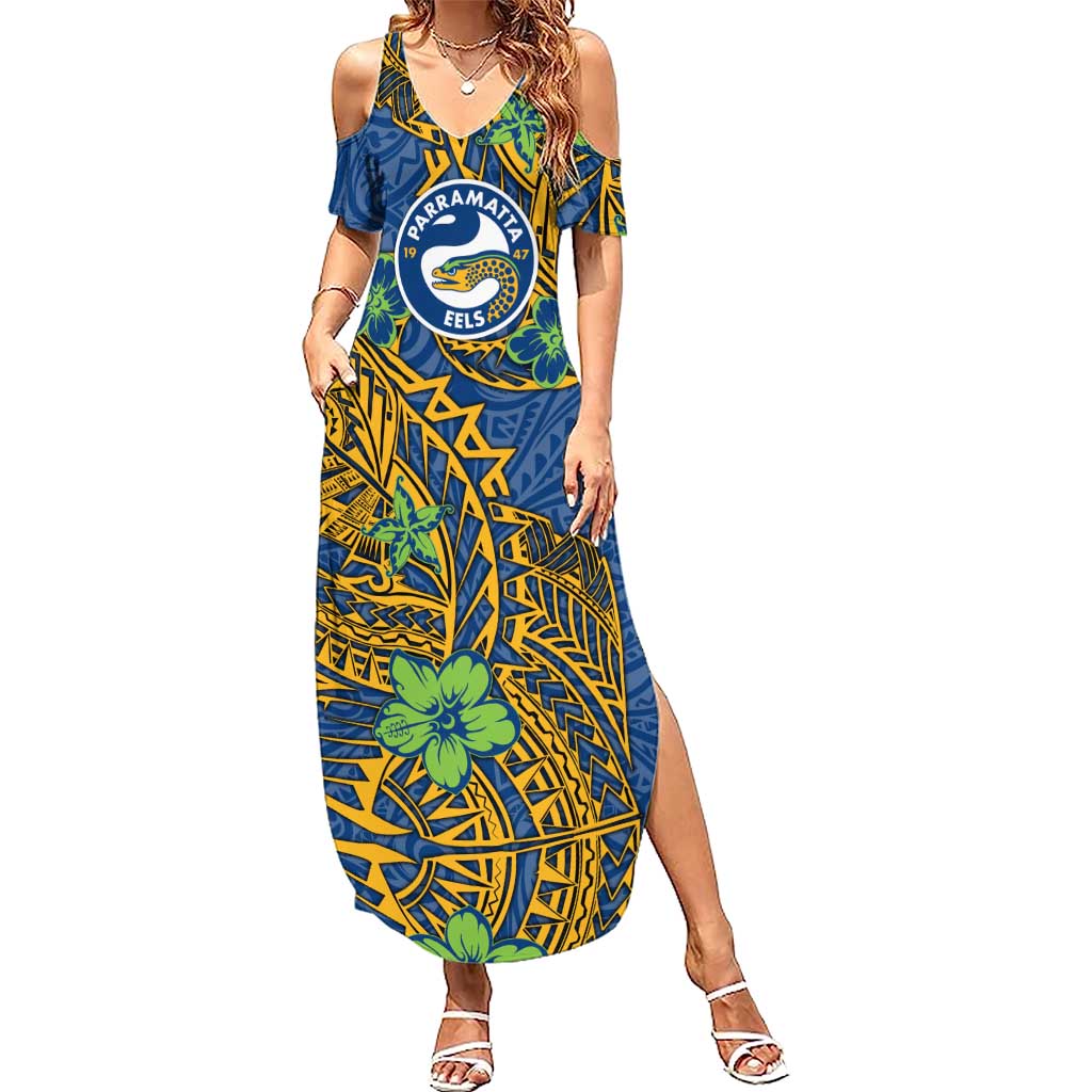 Personalised Parramatta Eels Summer Maxi Dress Polynesian Tribal Pattern With Rugby Eel Mascot Art