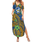Personalised Parramatta Eels Summer Maxi Dress Polynesian Tribal Pattern With Rugby Eel Mascot Art