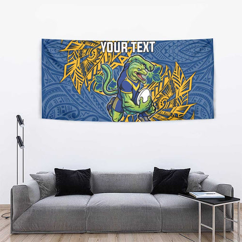 Personalised Parramatta Eels Tapestry Polynesian Tribal Pattern With Rugby Eel Mascot Art