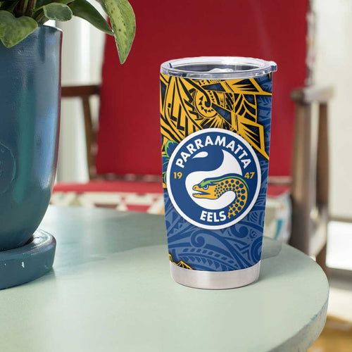 Personalised Parramatta Eels Tumbler Cup Polynesian Tribal Pattern With Rugby Eel Mascot Art