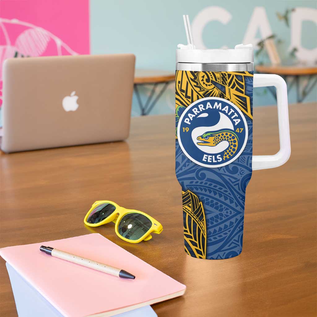 Personalised Parramatta Eels Tumbler With Handle Polynesian Tribal Pattern With Rugby Eel Mascot Art