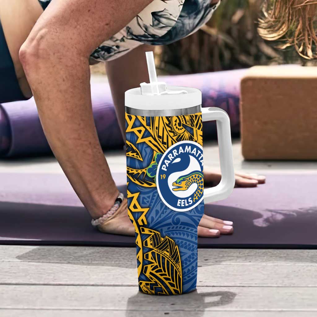 Personalised Parramatta Eels Tumbler With Handle Polynesian Tribal Pattern With Rugby Eel Mascot Art