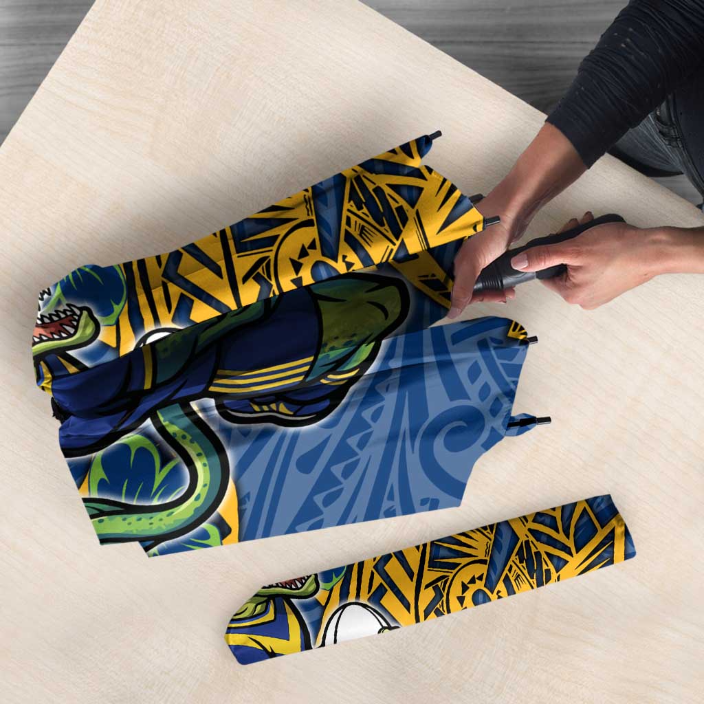 Personalised Parramatta Eels Umbrella Polynesian Tribal Pattern With Rugby Eel Mascot Art