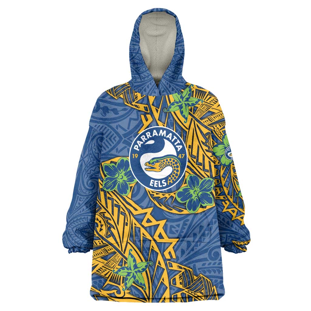 Personalised Parramatta Eels Wearable Blanket Hoodie Polynesian Tribal Pattern With Rugby Eel Mascot Art