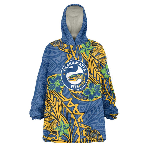 Personalised Parramatta Eels Wearable Blanket Hoodie Polynesian Tribal Pattern With Rugby Eel Mascot Art