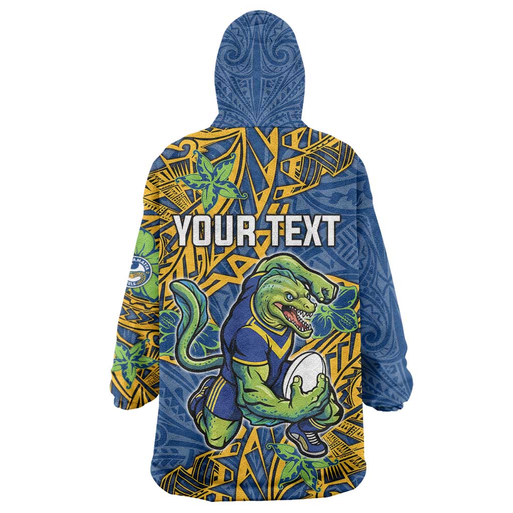 Personalised Parramatta Eels Wearable Blanket Hoodie Polynesian Tribal Pattern With Rugby Eel Mascot Art