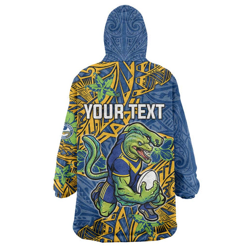 Personalised Parramatta Eels Wearable Blanket Hoodie Polynesian Tribal Pattern With Rugby Eel Mascot Art