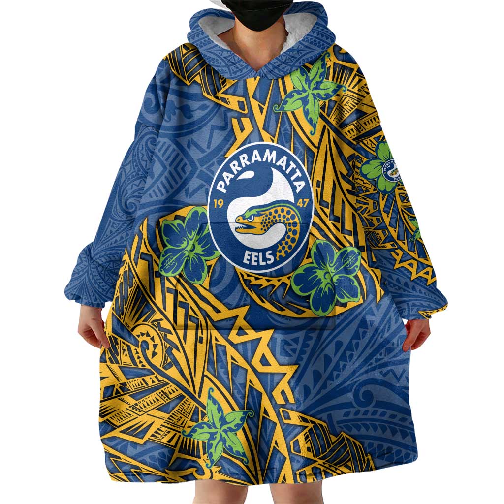 Personalised Parramatta Eels Wearable Blanket Hoodie Polynesian Tribal Pattern With Rugby Eel Mascot Art
