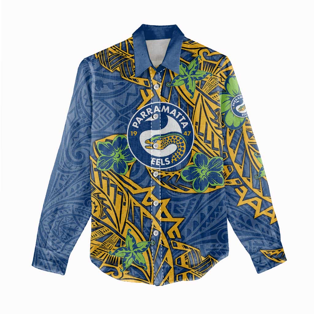 Personalised Parramatta Eels Women Casual Shirt Polynesian Tribal Pattern With Rugby Eel Mascot Art