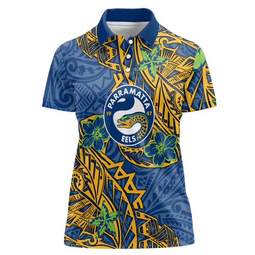 Personalised Parramatta Eels Women Polo Shirt Polynesian Tribal Pattern With Rugby Eel Mascot Art