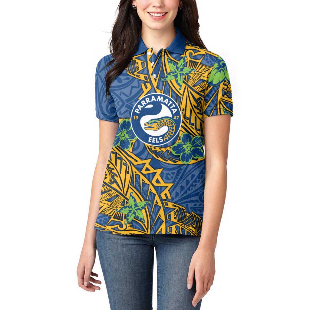 Personalised Parramatta Eels Women Polo Shirt Polynesian Tribal Pattern With Rugby Eel Mascot Art