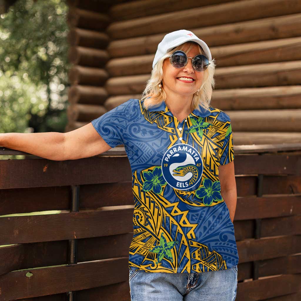 Personalised Parramatta Eels Women Polo Shirt Polynesian Tribal Pattern With Rugby Eel Mascot Art