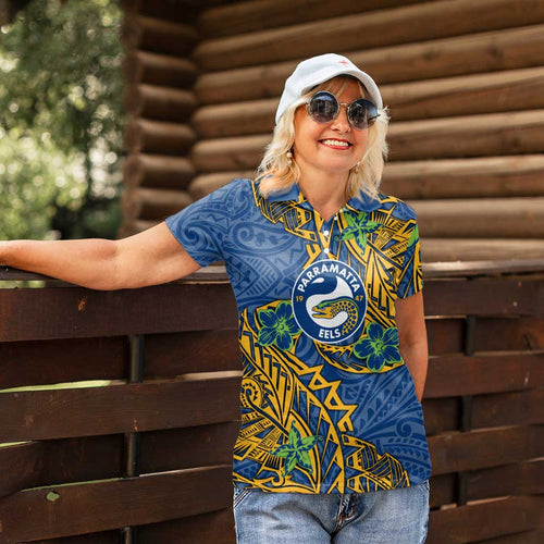 Personalised Parramatta Eels Women Polo Shirt Polynesian Tribal Pattern With Rugby Eel Mascot Art