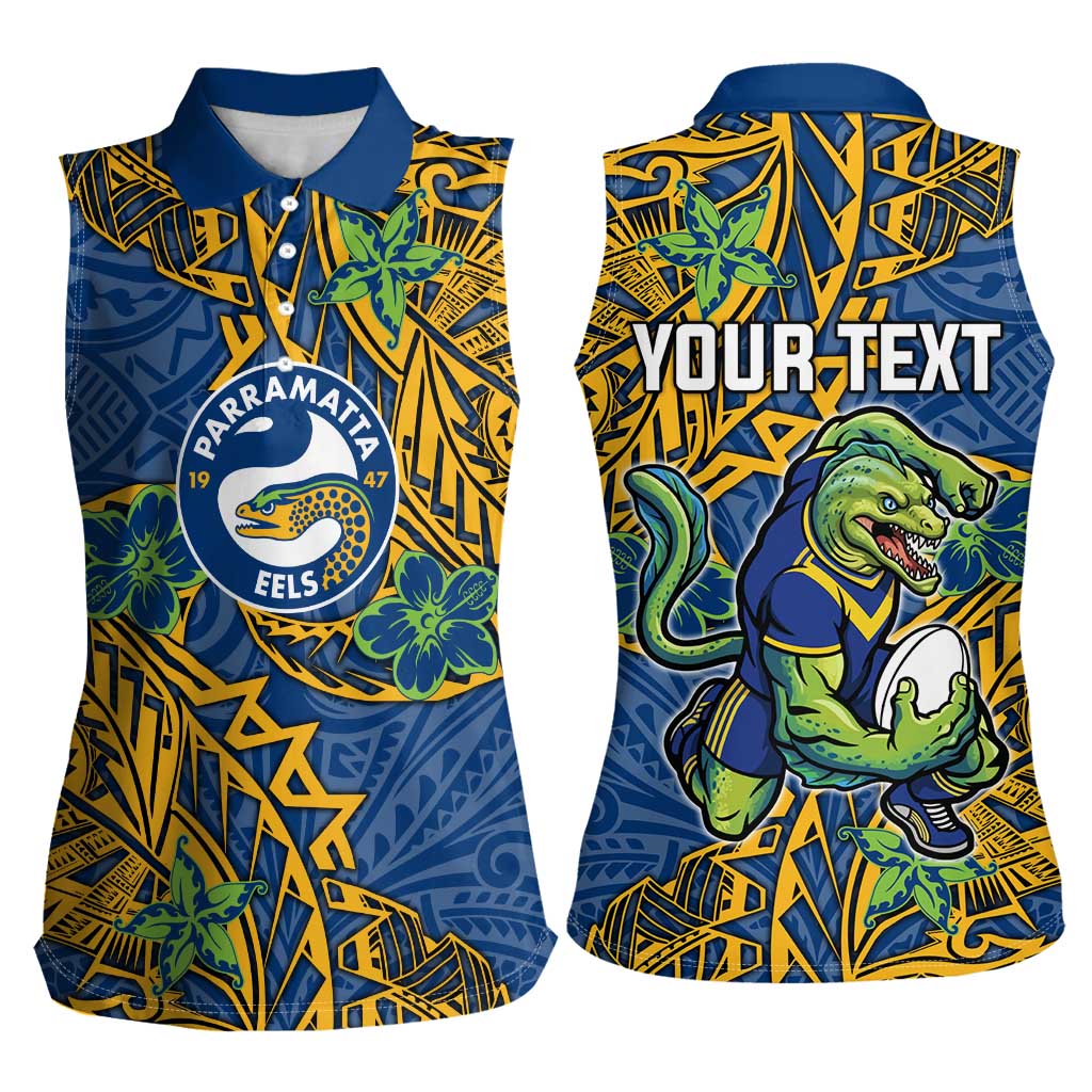 Personalised Parramatta Eels Women Sleeveless Polo Shirt Polynesian Tribal Pattern With Rugby Eel Mascot Art