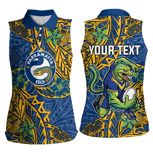 Personalised Parramatta Eels Women Sleeveless Polo Shirt Polynesian Tribal Pattern With Rugby Eel Mascot Art