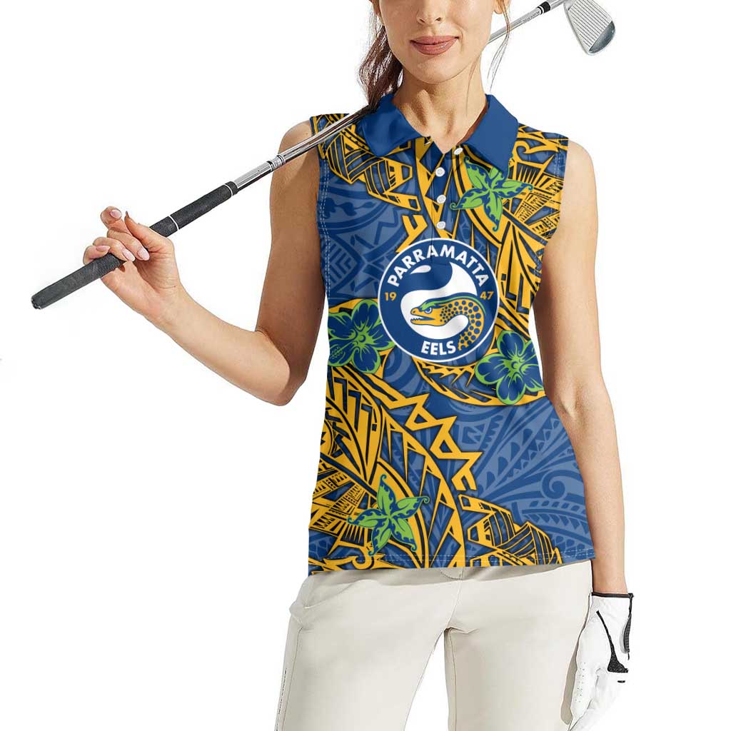 Personalised Parramatta Eels Women Sleeveless Polo Shirt Polynesian Tribal Pattern With Rugby Eel Mascot Art