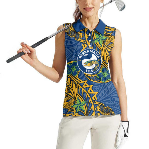 Personalised Parramatta Eels Women Sleeveless Polo Shirt Polynesian Tribal Pattern With Rugby Eel Mascot Art