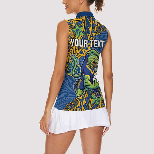 Personalised Parramatta Eels Women Sleeveless Polo Shirt Polynesian Tribal Pattern With Rugby Eel Mascot Art