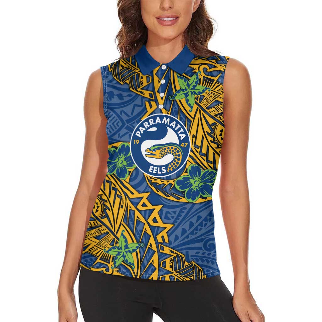 Personalised Parramatta Eels Women Sleeveless Polo Shirt Polynesian Tribal Pattern With Rugby Eel Mascot Art