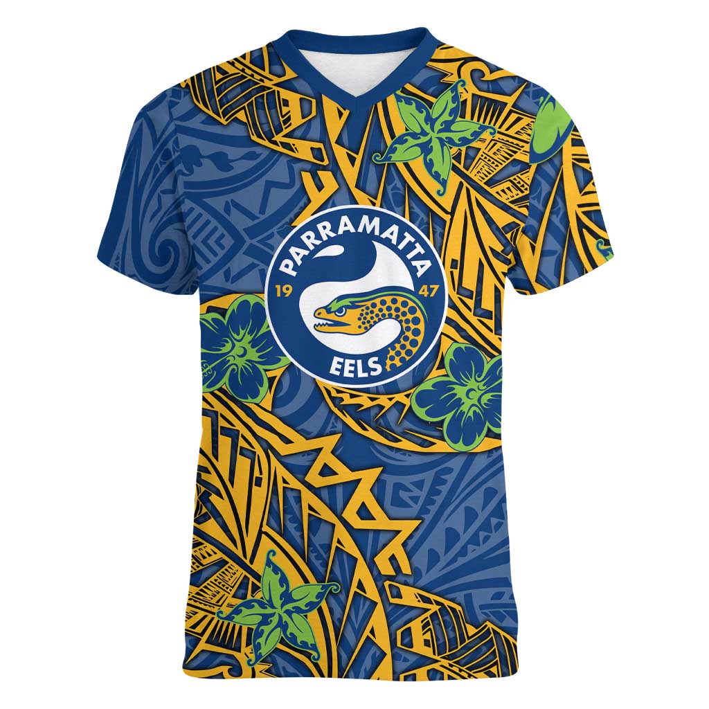 Personalised Parramatta Eels Women V-Neck T-Shirt Polynesian Tribal Pattern With Rugby Eel Mascot Art